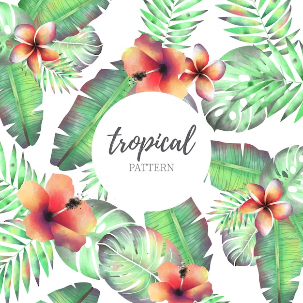 Tropical Pattern with Watercolor Flowers
