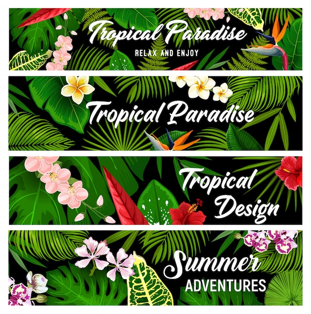 熱帯植物や花のバナー カード プレミアムベクター