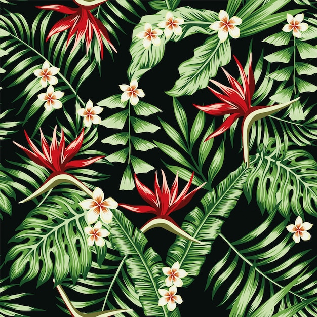 熱帯植物の葉とプルメリアプルメリアの花と楽園の鳥のシームレスなパターンの壁紙 プレミアムベクター