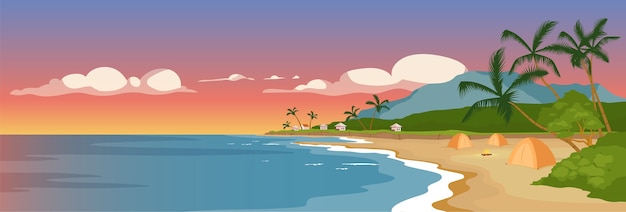 熱帯の砂浜フラットカラー 野生の海岸とヤシの木 マリンタウンのパノラマビュー 夏のキャンプ 背景に夕焼け空と海の海岸の2d漫画の風景のテント プレミアムベクター