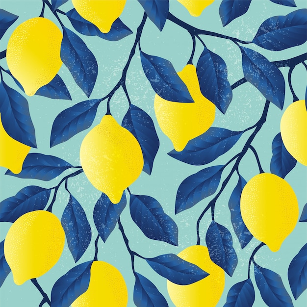 Tropical seamless pattern with bright yellow lemons. Premium Vector