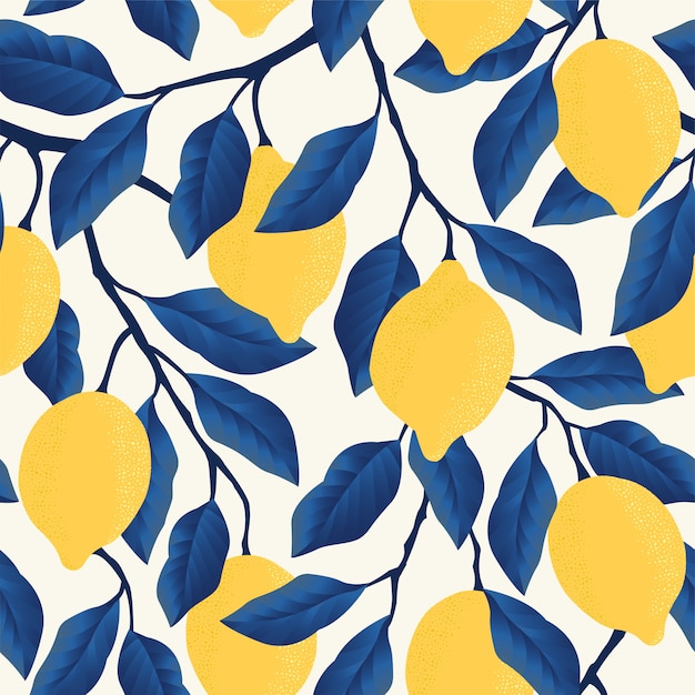 Tropical seamless pattern with yellow lemons. Premium Vector