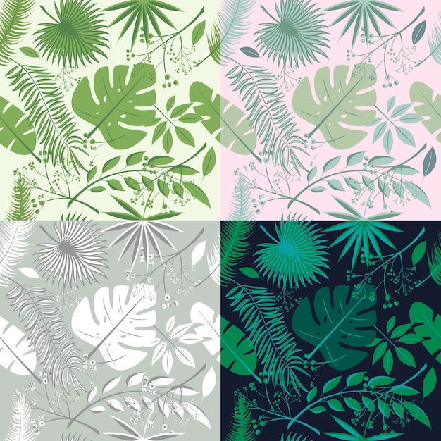 トロピカルシームレスパターンコレクション ハワイの植物 ヤシの葉のセット 壁紙 招待状 繊維印刷に適しています ベクトル図 植物の花 トレンディな イラスト プレミアムベクター