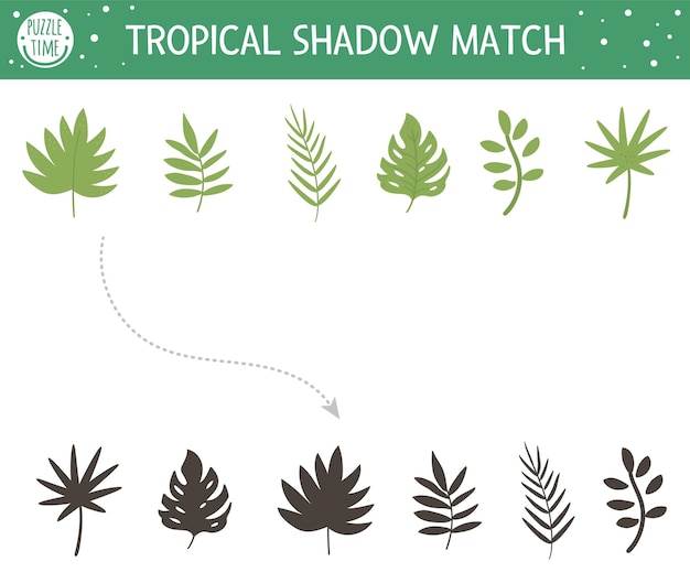 Premium Vector Tropical Shadow Matching Activity For Children Preschool Jungle Puzzle Cute Exotic Educational Riddle Find The Correct Tropic Leaf Silhouette Printable Worksheet