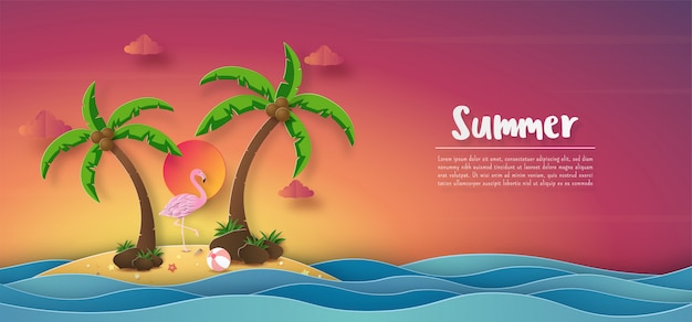 Tropical summer banner background, sunset colorful sky Premium Vector