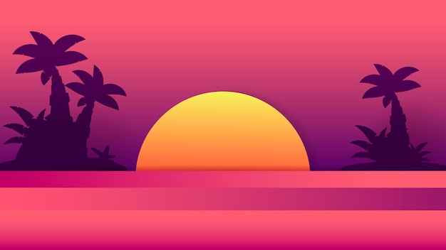 トロピカルサンセット 夏のイラスト サンセットロゴベクトル 背景デザイン 夏のビーチdesign Tropicalヤシの木 ビーチの背景 プレミアムベクター