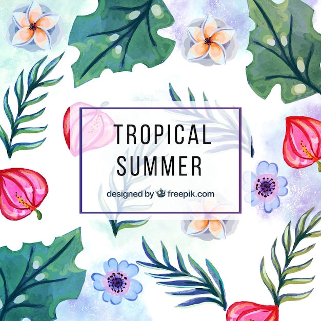 Tropical watercolor background with flowers and\
leaves