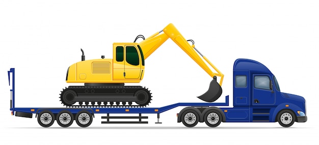 Truck semi trailer delivery and transportation of construction machinery concept vector illustration Premium Vector
