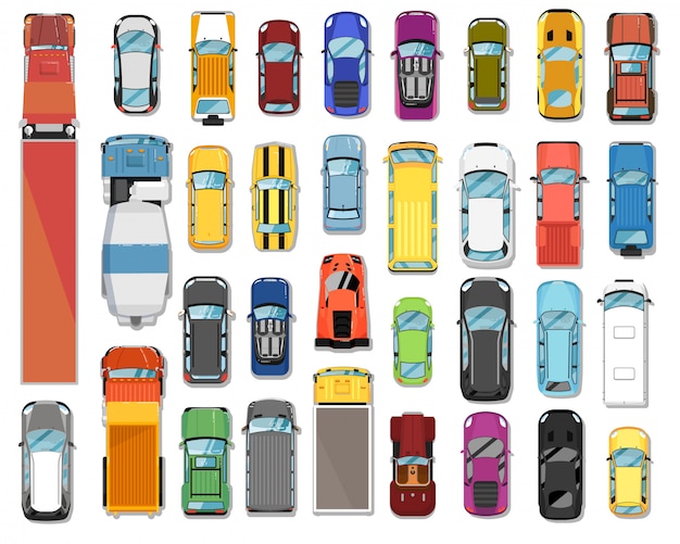 トラックや車の平面図です 各種自動車 トラック モーターサイクル車両セット トラックや車のコレクションの平面図です 自動車輸送および自動車産業のコンセプト プレミアムベクター