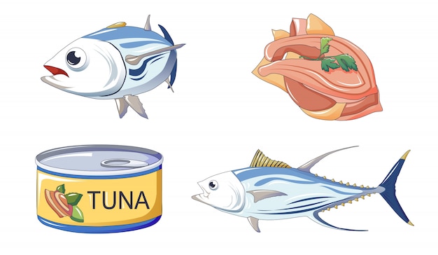 Premium Vector | Tuna fish icons set, cartoon style