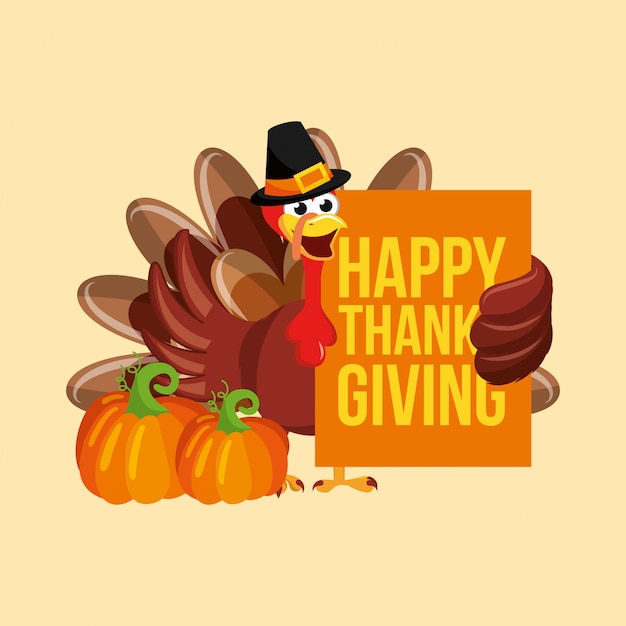 Premium Vector | Turkey carton with pumpkins and happy thanksgiving card