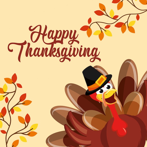 Premium Vector | Turkey in the corner with tree branches thanksgiving card