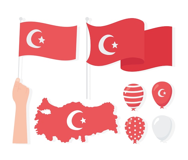 トルコ共和国記念日 地図フラグバルーンアイコンセットイラスト プレミアムベクター
