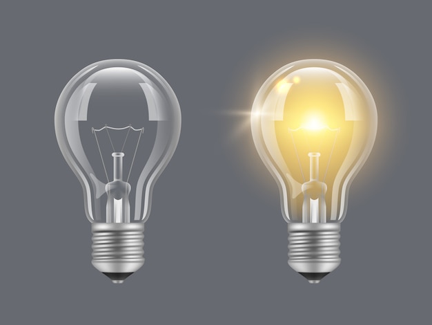 Turn on bulb. light realistic transparent bulb bright lamp pictures Premium Vector
