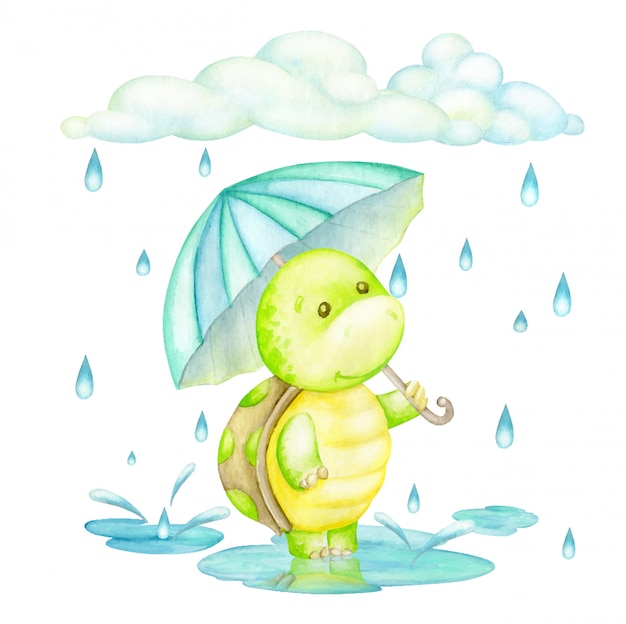 Premium Vector Turtle, standing in the rain with an umbrella