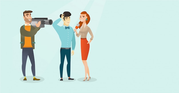 Tv interview vector cartoon illustration. Premium Vector