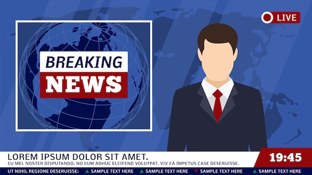 Tv news studio with broadcaster and breaking world background vector illustration Premium Vector