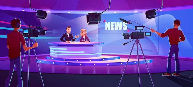 Tv presenters broadcasting news in modern television studio with cameraman, light equipment and earth on huge panoramic screen. anchorman and newscaster reporting program, cartoon vector illustration Free Vector
