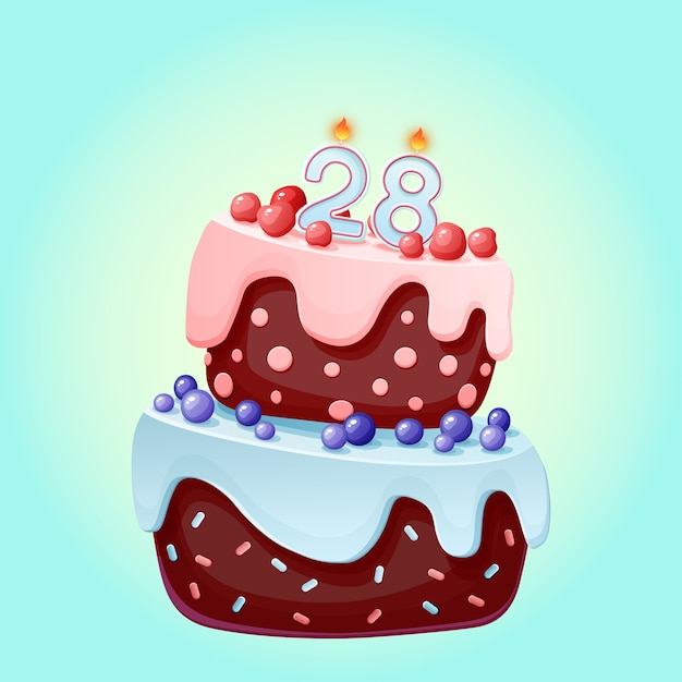 キャンドル番号28の28歳の誕生日のかわいい漫画のお祝いケーキ プレミアムベクター