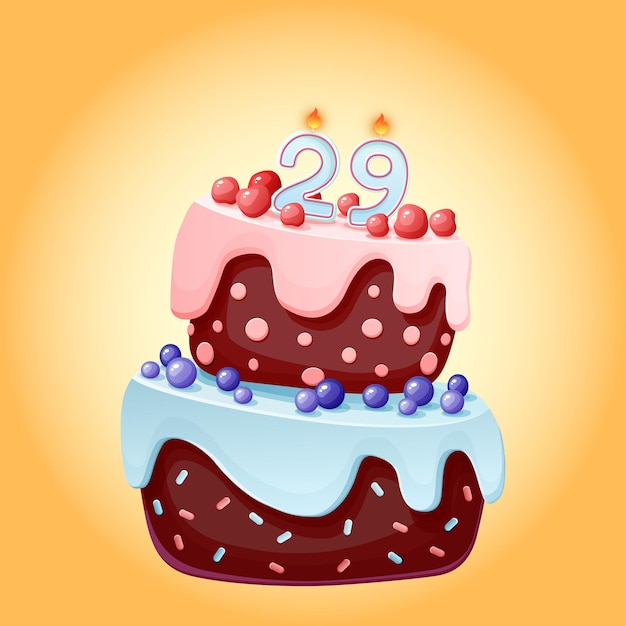 キャンドル番号29の29歳の誕生日ケーキ かわいい漫画のお祭りのイメージ ベリー チェリー ブルーベリーのチョコレートビスケット パーティー 記念日 プレミアムベクター
