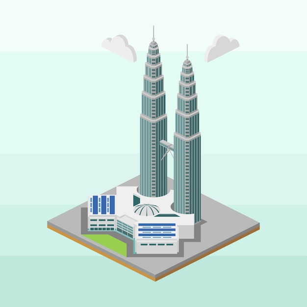 Twin towers of malaysia in isometric Vector | Premium Download