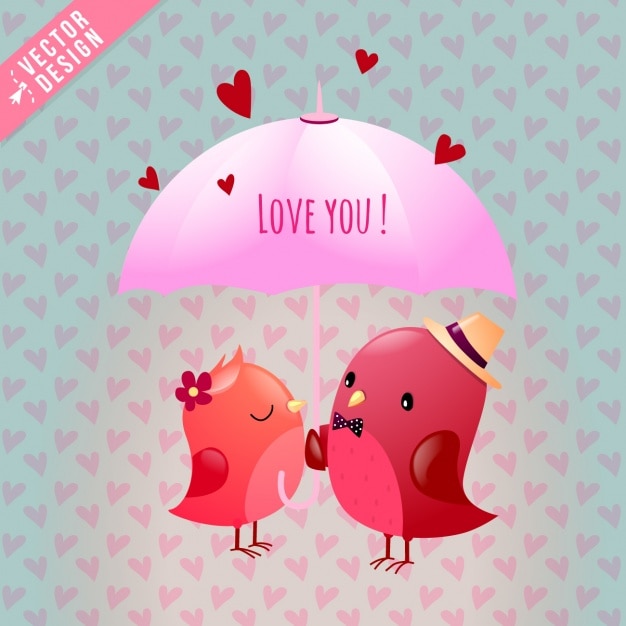 Two birds lovers under a pink umbrella