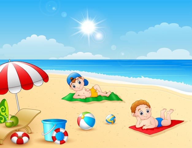 Premium Vector | Two boy sunbathing on the beach mat