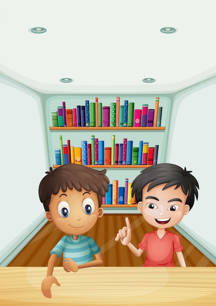 Two boys in front of the bookshelves with books Free Vector