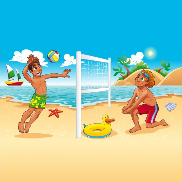 Two boys playing beach ball