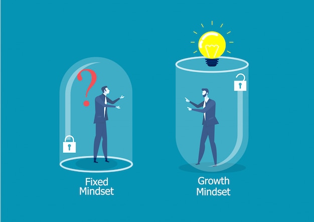 Two businessman different thinking between fixed mindset vs growth mindset success concept Premium V