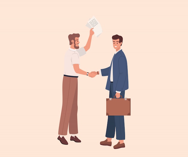 2人のビジネスマンが握手します ベクトルイラストフラット漫画グラフィックデザイン ビジネスマンは契約または合意を締結します プレミアムベクター