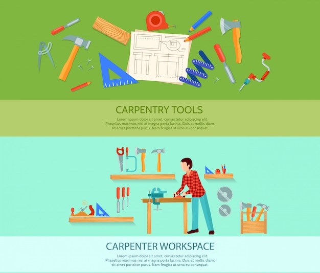 Free Vector | Two carpentry works flat banners set with carpentry tools ...