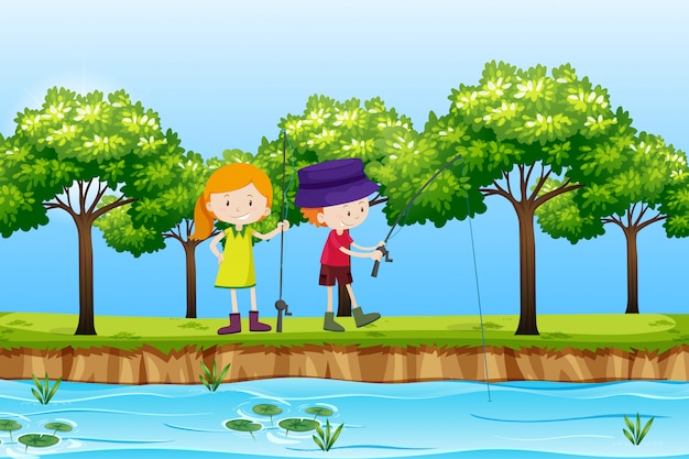 Download Two children fishing lake scene | Premium Vector