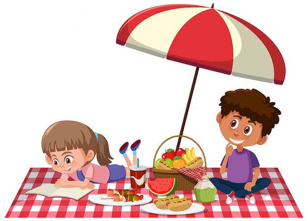 Premium Vector | Two children having picnic on white background