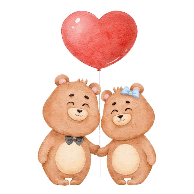 バルーンハートに恋する2匹のかわいいクマ バレンタインデーの水彩イラスト プレミアムベクター