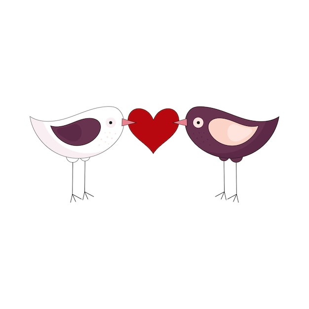 2羽のかわいい鳥がくちばしにハートを持っています バレンタインデーの休日の装飾 白い背景で隔離のベクトルイラスト プレミアムベクター