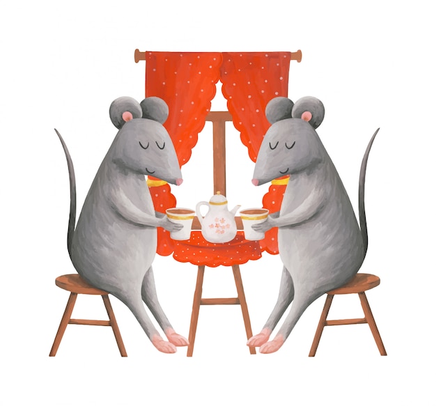 テーブルでお茶を飲む2つのかわいいネズミ 子供のイラスト プレミアムベクター