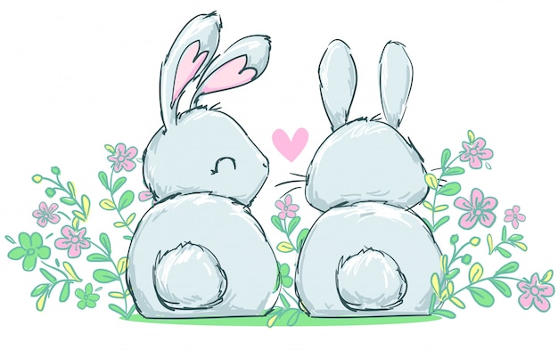 花 子供の美しいイラストに座っている2つのかわいいウサギ プレミアムベクター