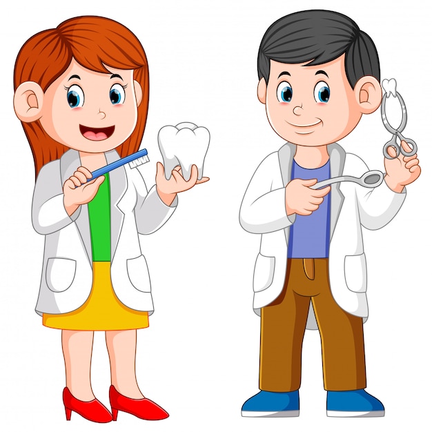 Premium Vector | The two dentist are holding the tools for practicum