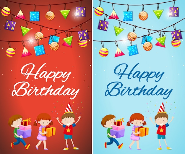 Two designs of birthday card template with kids\
and presents