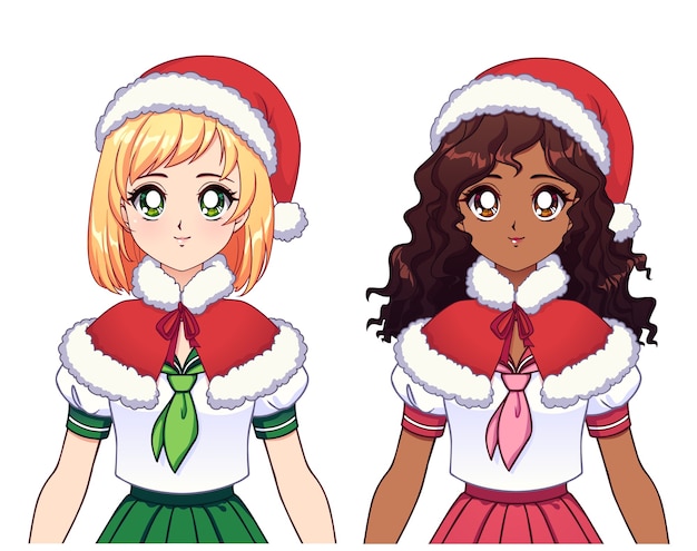 Download Premium Vector Two Different Ethnic Anime Girls Wearing Japanese School Uniform And Christmas Hat PSD Mockup Templates