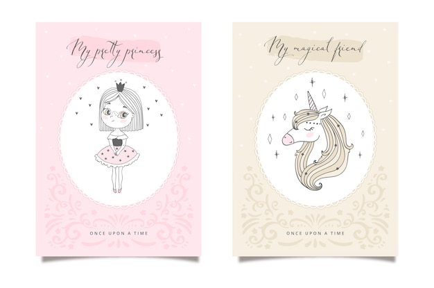 Two fairytale card with princess and unicorn. pastel color Premium Vector