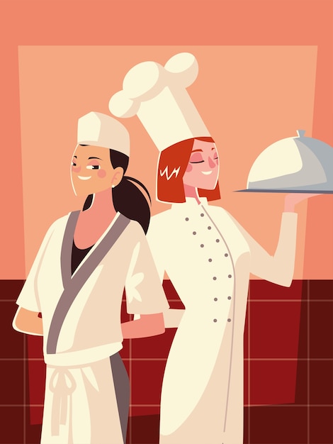 白い制服と帽子の2人の女性シェフと料理サービスのイラスト プレミアムベクター