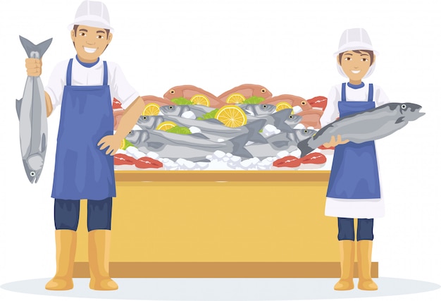 Download Two fishmonger sell fresh fish in the market | Premium Vector