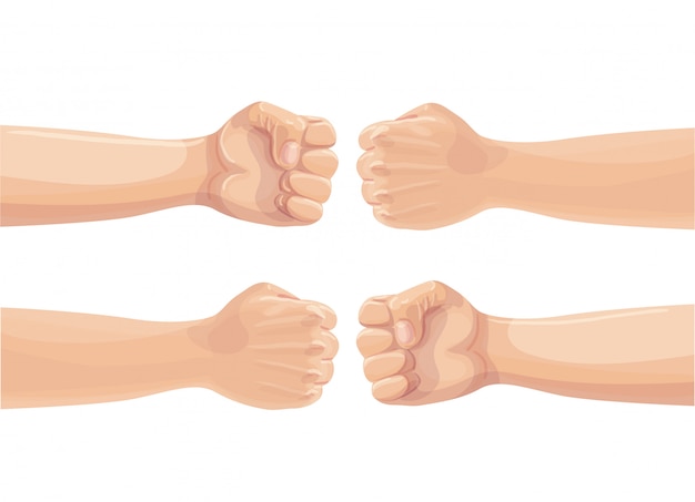 2つの拳がお互いをパンチします 2つの握りこぶしの衝突 紛争 抗議 兄弟愛または衝突の概念 漫画イラスト プレミアムベクター