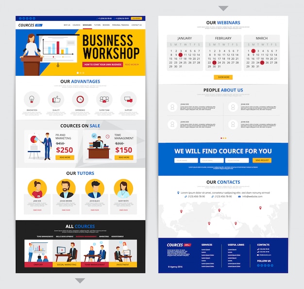 Two flat design web pages presenting detailed information about business traning courses isolated on Free Vector