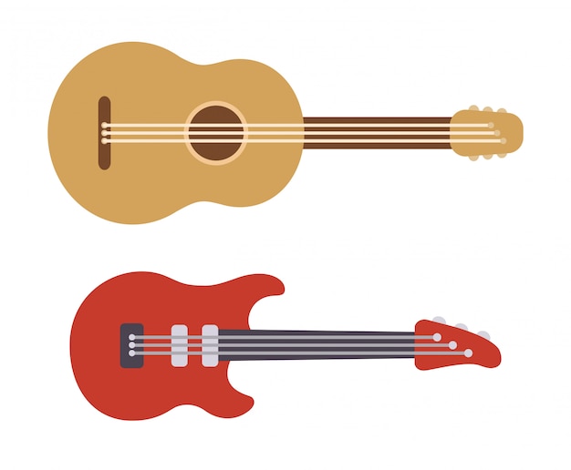 2つのフラットな様式化されたギター クラシックなアコースティックギターとモダンなエレクトリック 楽器のシンプルな漫画イラスト プレミアムベクター