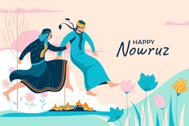 Two girl jumping over fire, and other ways to celebrate nowruz mean persian new year Premium Vector
