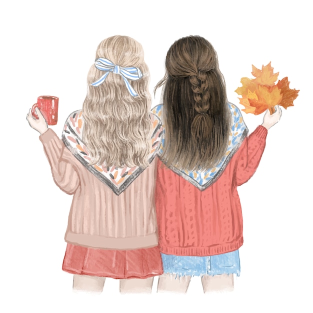 Premium Vector Two Girls Best Friends In The Fall Hand Drawn Illustration