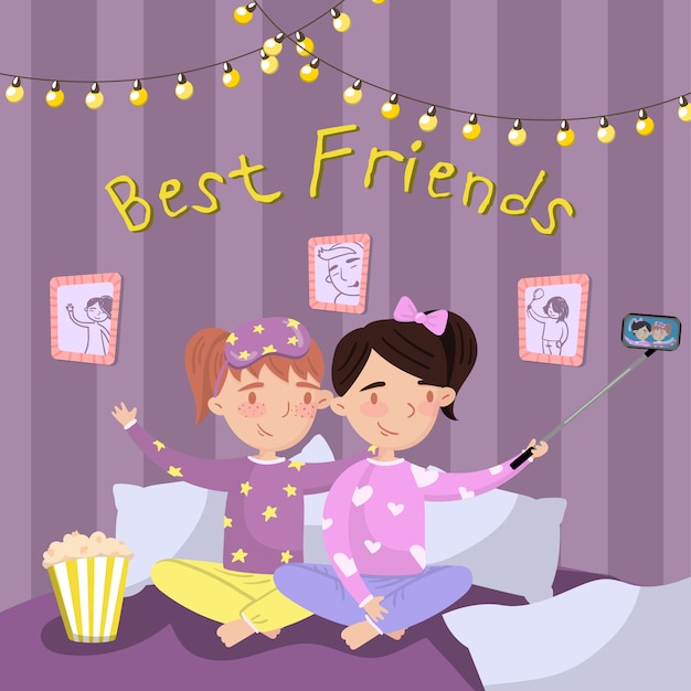 パジャマ姿の2人の女の子がベッドに座って自分撮りをしていて パジャマ姿の子供たちは眠りのパーティーで 親友イラスト 漫画のスタイル プレミアムベクター